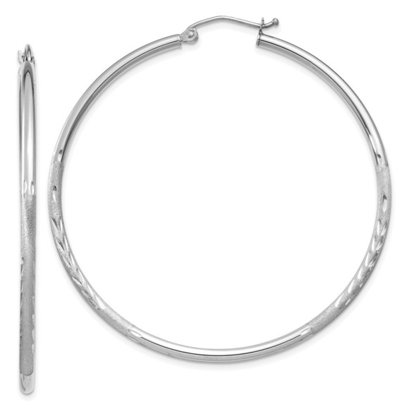 14k White Gold Satin and Diamond-cut 2mm Round Hoop Earrings - Picture 1 of 4
